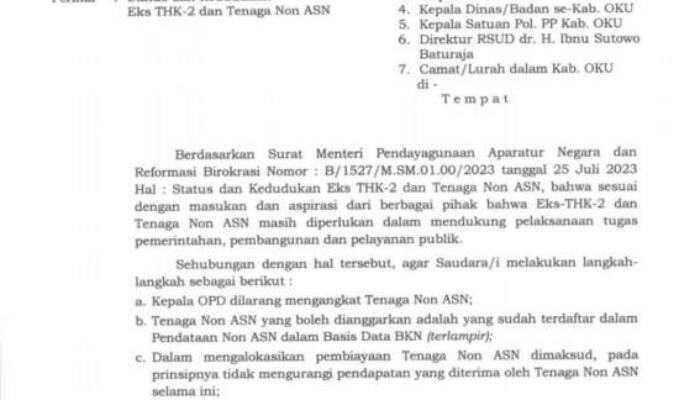 Terkait Honorer, Begini Isi Surat Edaran Bupati untuk OPD OKU