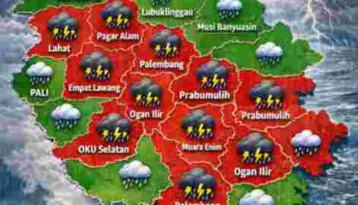 Sumsel Diguyur Hujan Ringan dari Siang, Waspada 12 Wilayah Hujan Dìsertai Petir