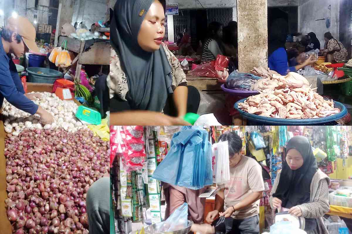 Aktivitas pedagang dan pembeli di Pasar Atas Baturaja menjelang Ramadan, saat harga ayam, telur, cabai, dan bawang mengalami kenaikan.