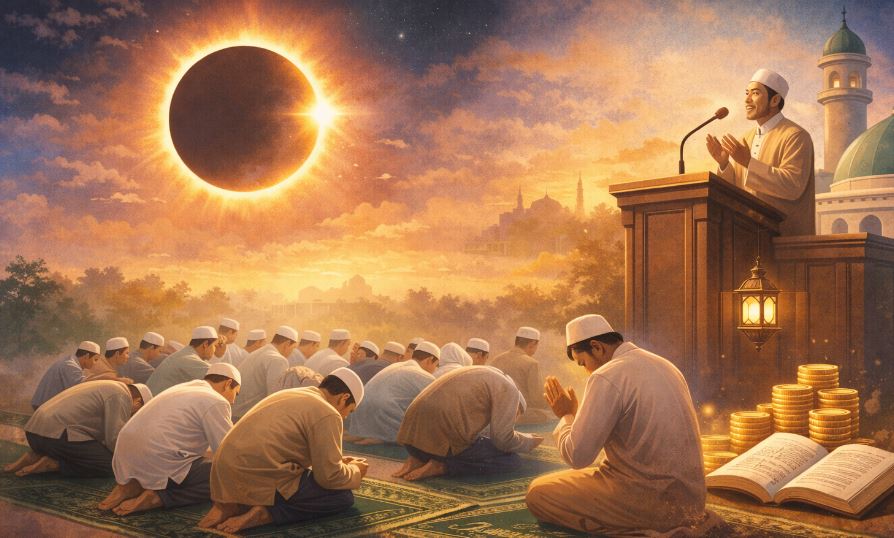 Ilustrasi Gerhana Matahari Cincin saat umat Islam melaksanakan shalat kusuf dan berdoa
