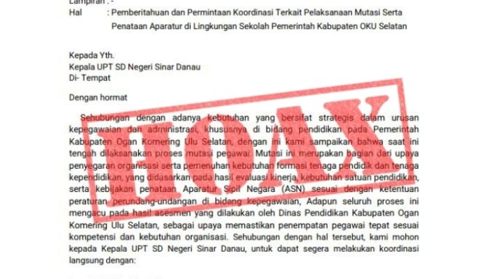 BKPSDM Oku Selatan Tegaskan Surat Mutasi yang Beredar adalah Hoaks
