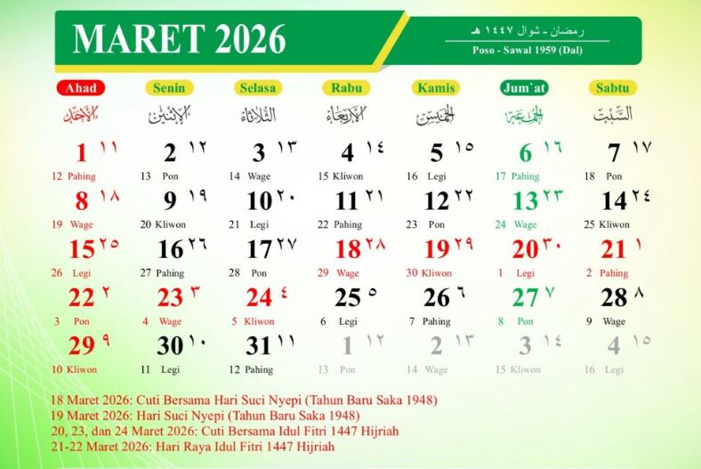 Ilustrasi kalender libur panjang Maret 2026 karena Nyepi dan Idulfitri berdekatan