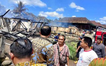Petugas pemadam kebakaran memadamkan api di permukiman warga Desa Gedung Wani Runjung Agung OKU Selatan