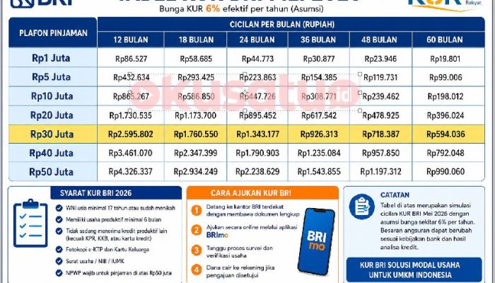 Tabel KUR BRI Mei 2026 Terbaru! Pinjaman Rp30 Juta Ternyata Cicilannya Mulai Rp. 500 Ribuan
